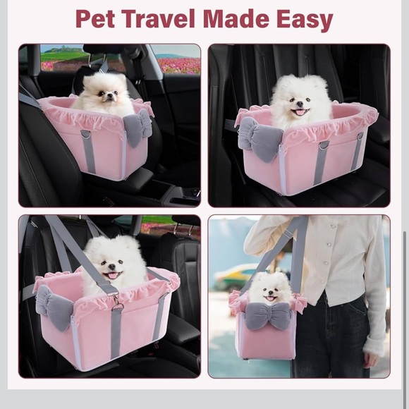 Jaoul Console Pet Car Seat for Small Dogs and Cats Fuzzy Pink Bow Design NEW - Picture 6 of 8